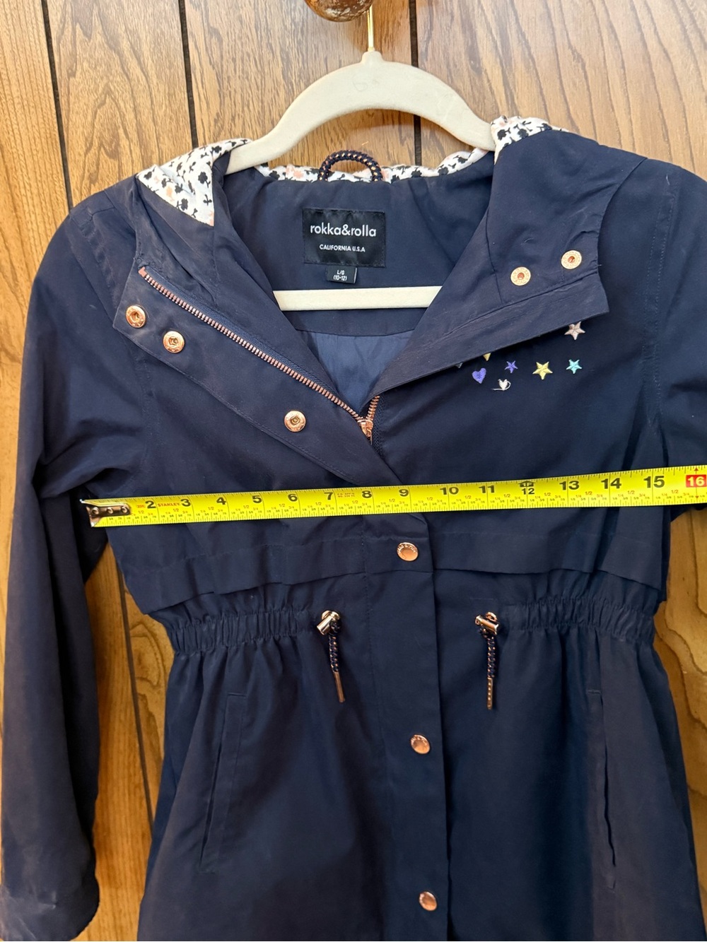 Rokka & Rolla Girls Size 10-12 Navy Hooded Rain Jacket Rainbow Stars Floral - Picture 9 of 11